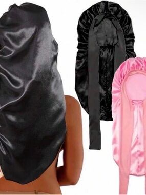 Satin Long Bonnet Sleep Cap - Black & Pink